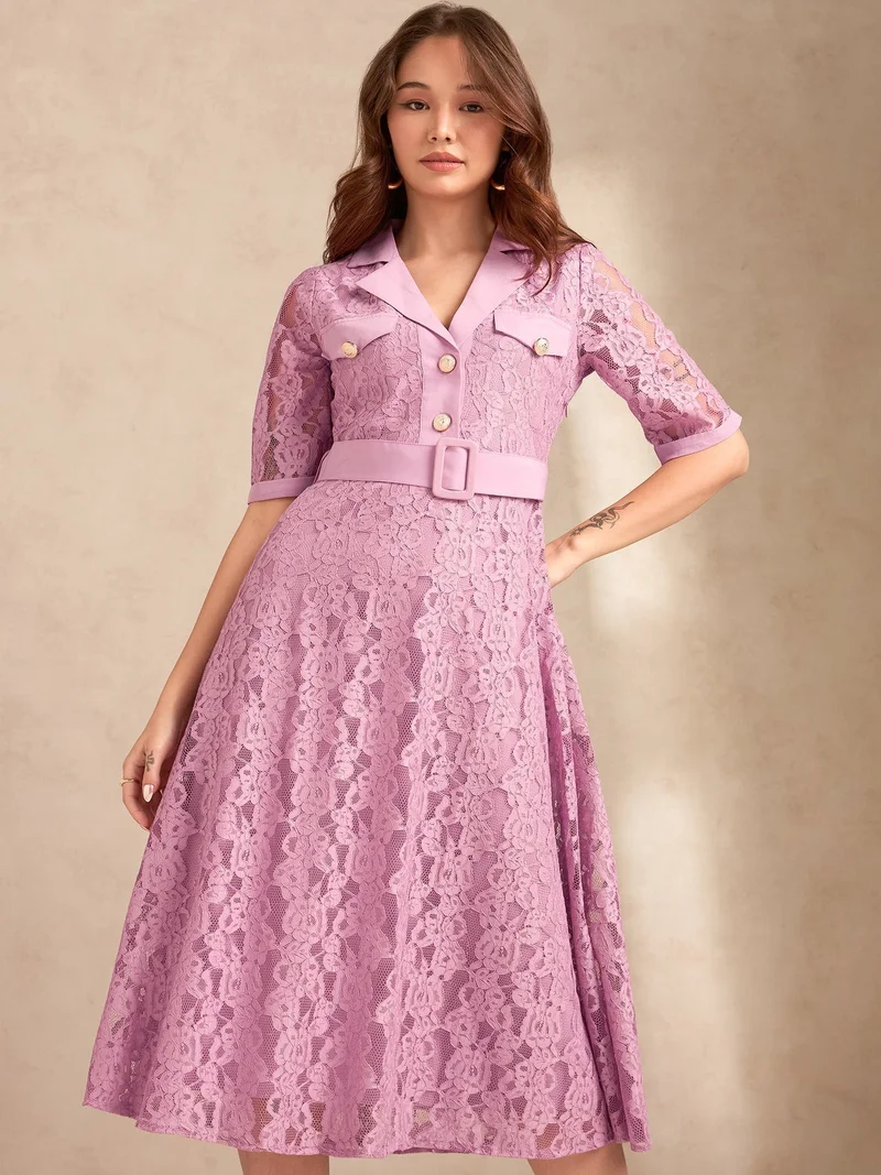Outzidr  Lilac Lace Shirt Dress With Belt Detail for Women | Best Price UAE